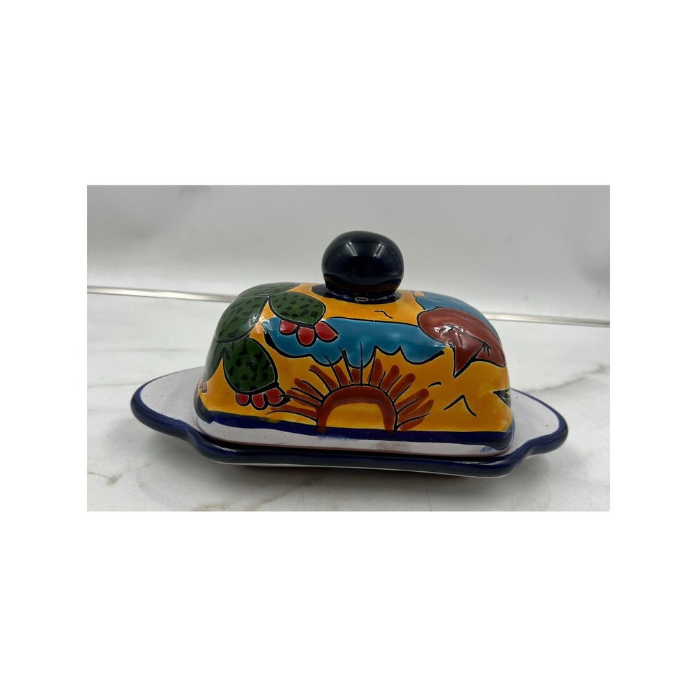 Talavera Mexican Pottery Butter Dish Hand Painted Ulises Hecho En Mexico Ceramic